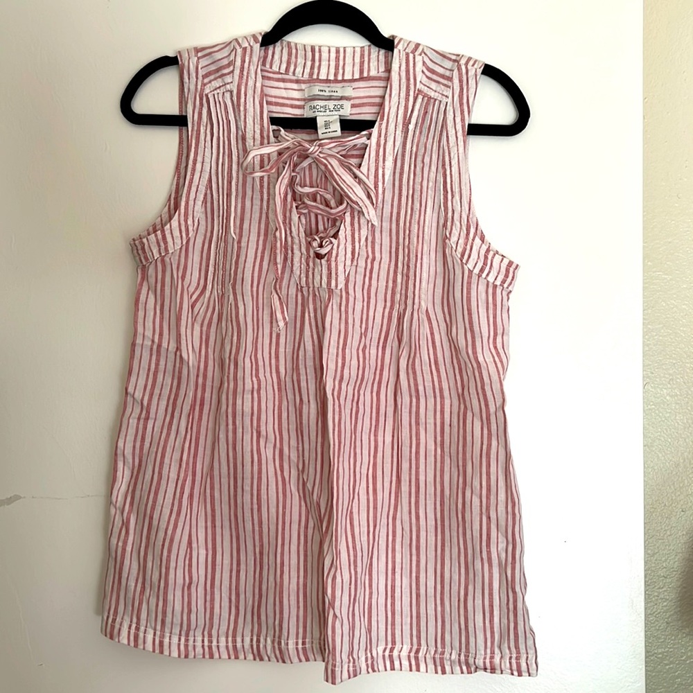 Rachel Zoe striped linen sleeveless tunic, cross tie front, pink/white, size S
